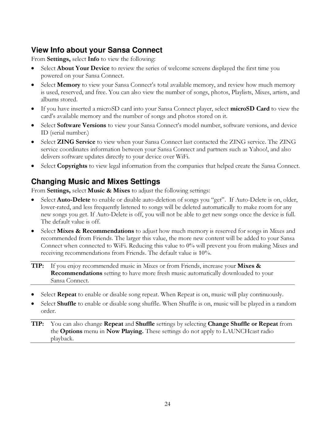 SanDisk user manual View Info about your Sansa Connect, Changing Music and Mixes Settings 