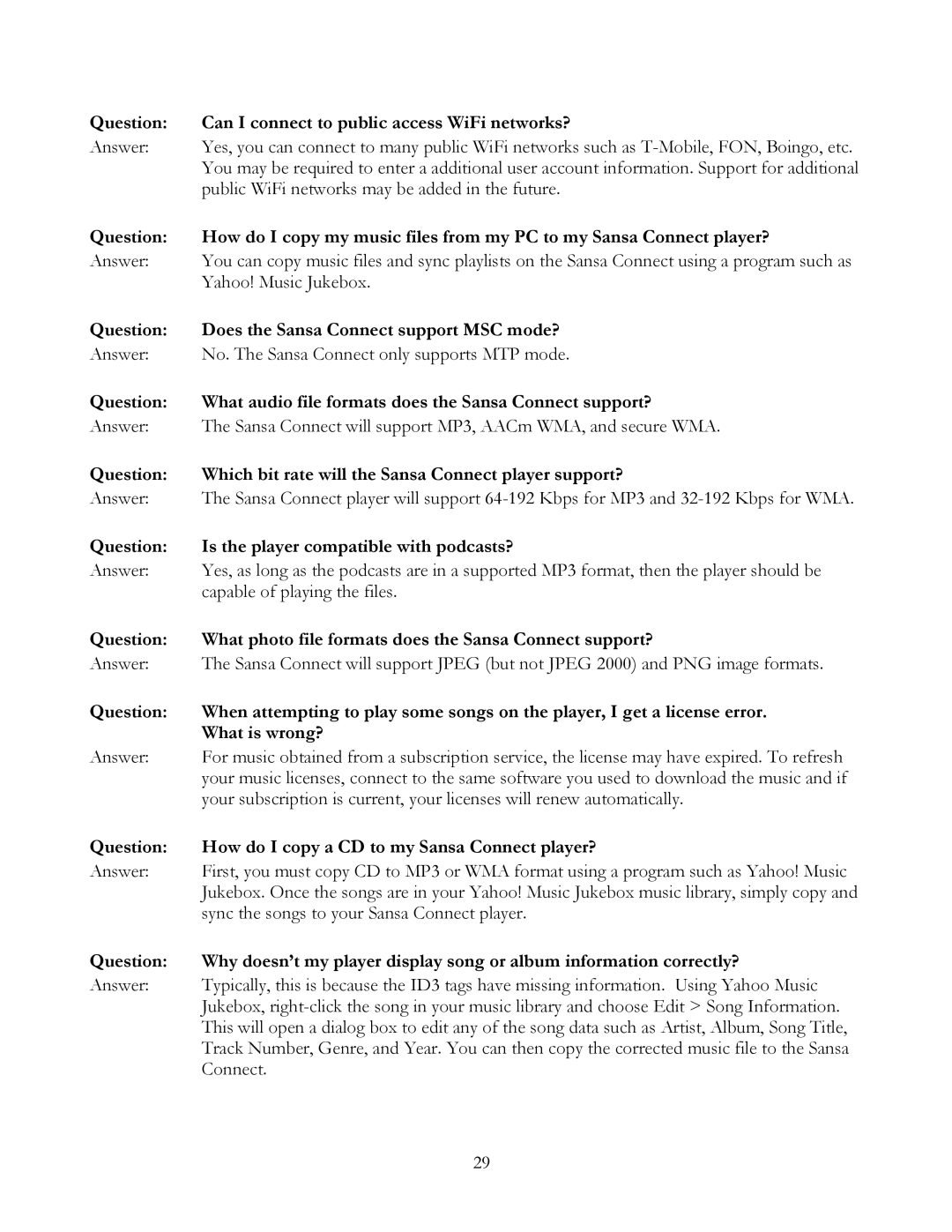 SanDisk user manual Question Does the Sansa Connect support MSC mode? 