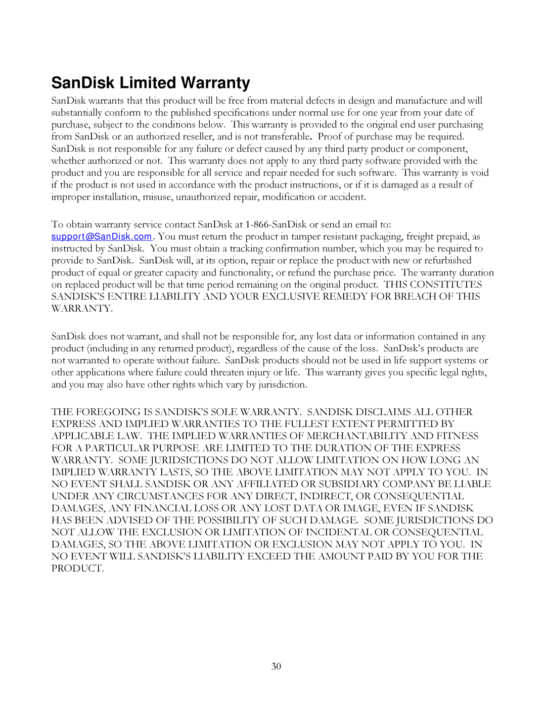 SanDisk Sansa Connect user manual SanDisk Limited Warranty 