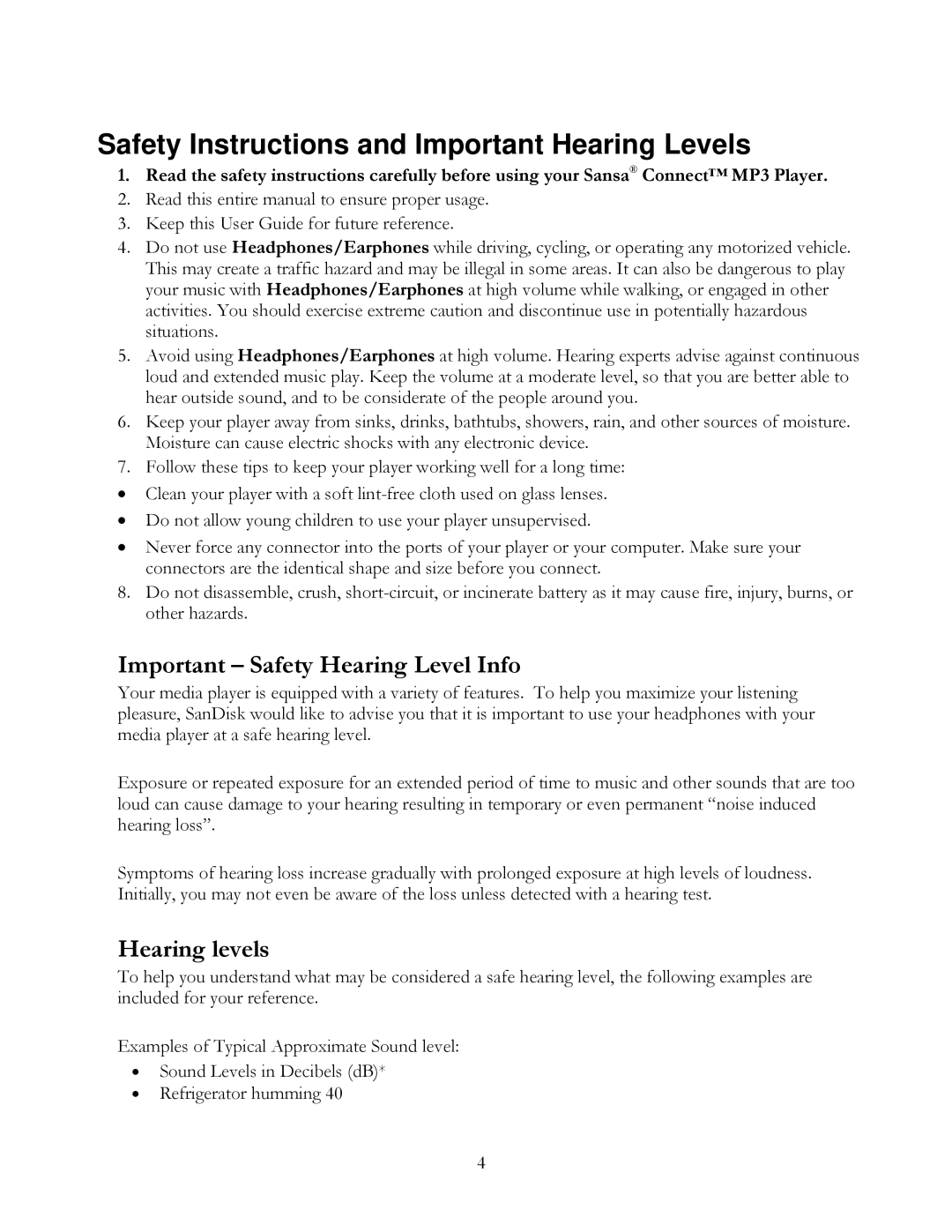 SanDisk Sansa Connect user manual Safety Instructions and Important Hearing Levels, Important Safety Hearing Level Info 