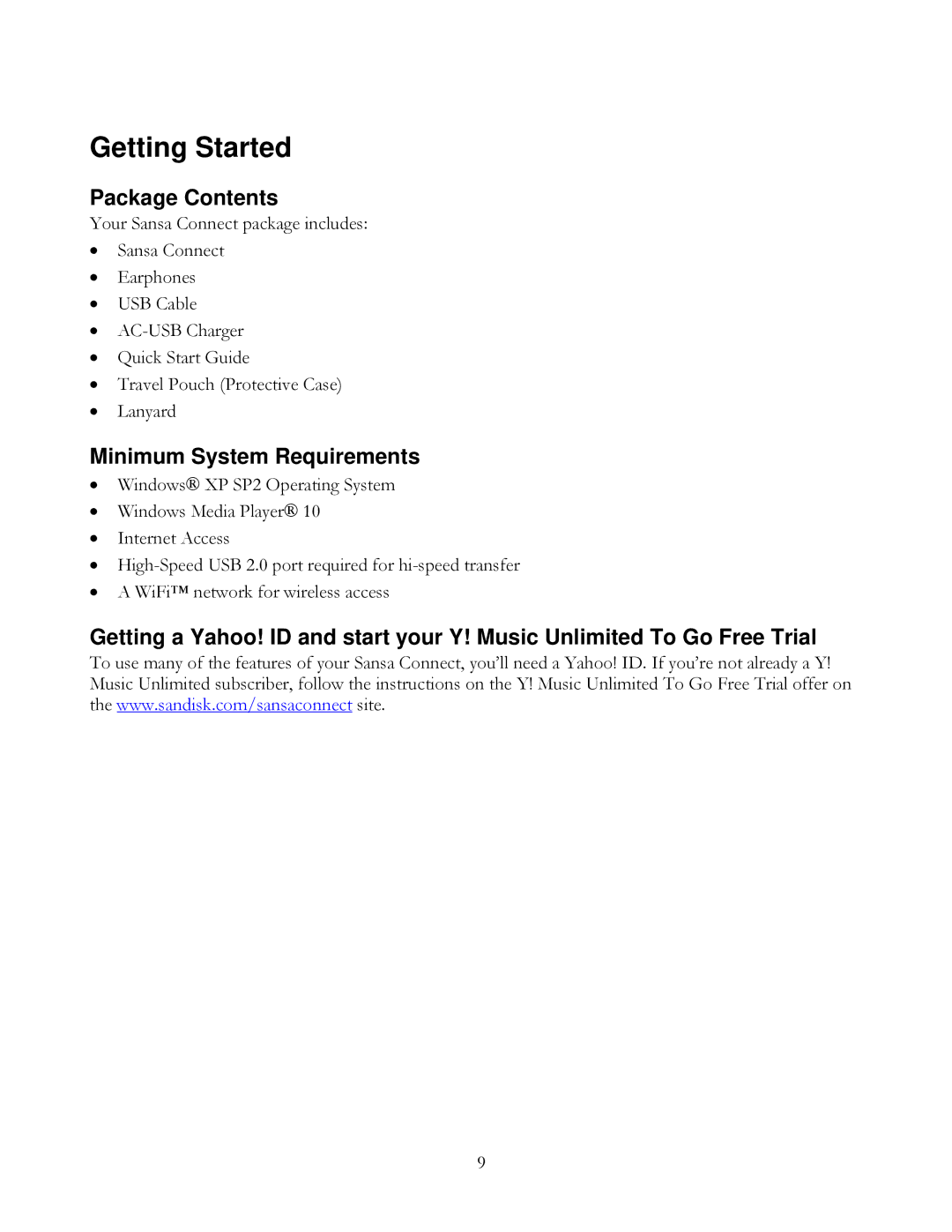 SanDisk Sansa Connect user manual Getting Started, Package Contents, Minimum System Requirements 