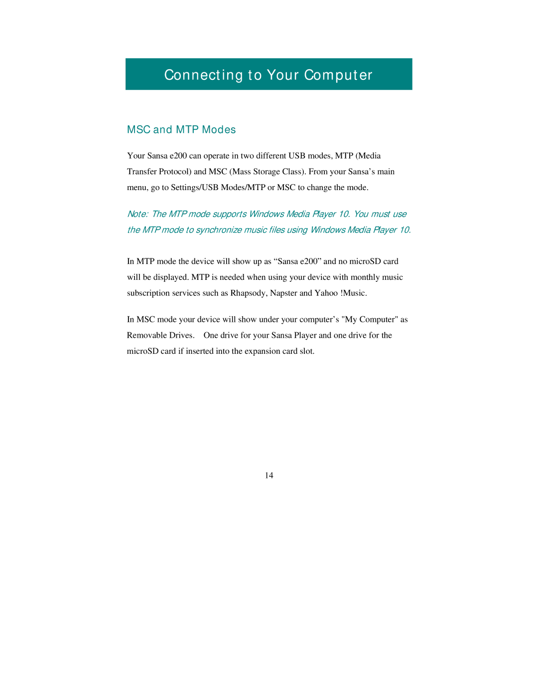 SanDisk Sansa e200 manual Connecting to Your Computer, MSC and MTP Modes 