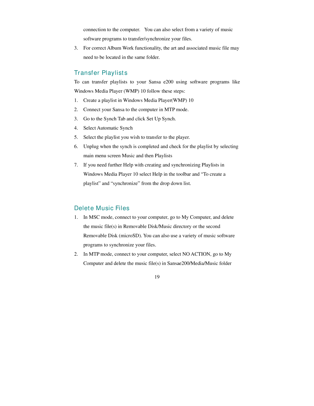 SanDisk Sansa e200 manual Transfer Playlists, Delete Music Files 