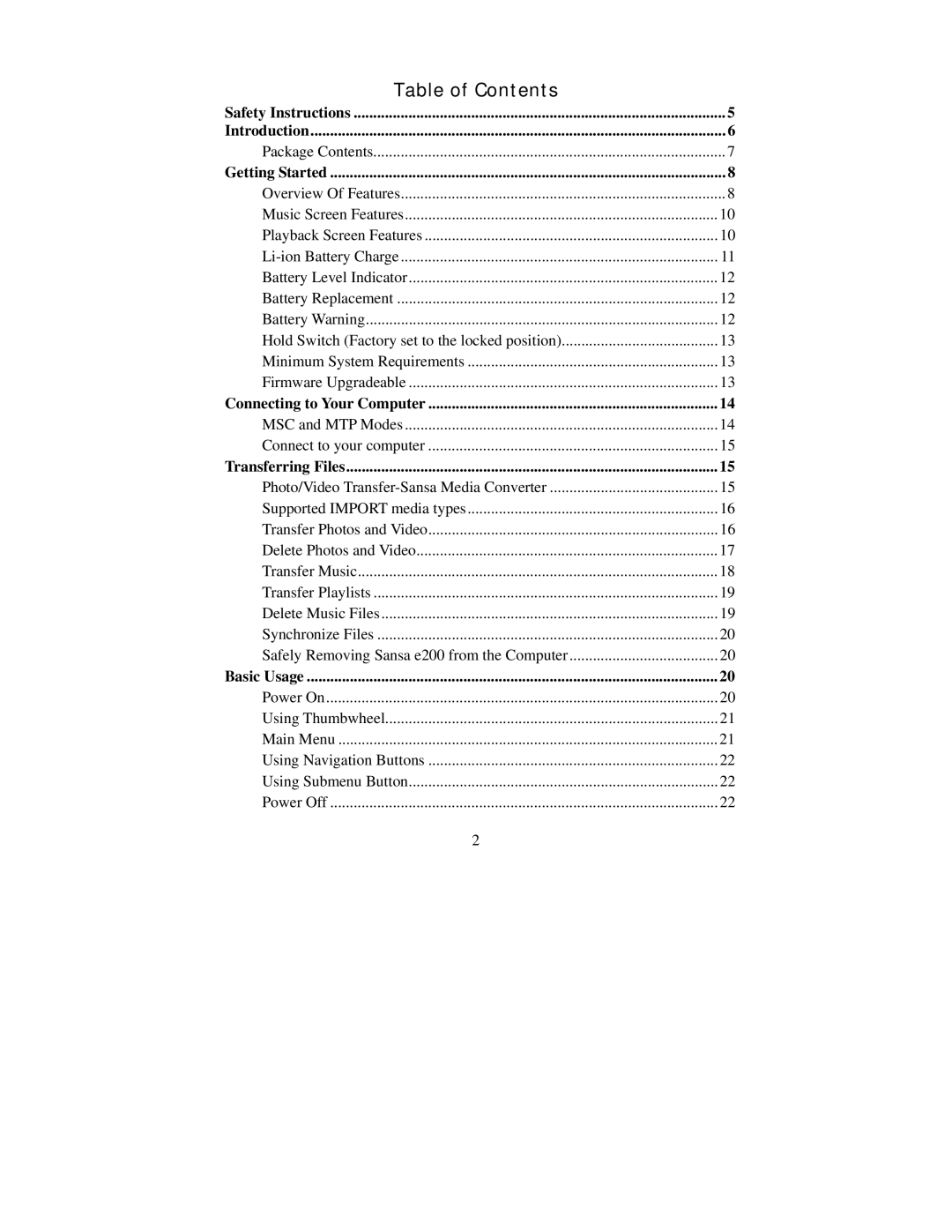 SanDisk Sansa e200 manual Table of Contents 