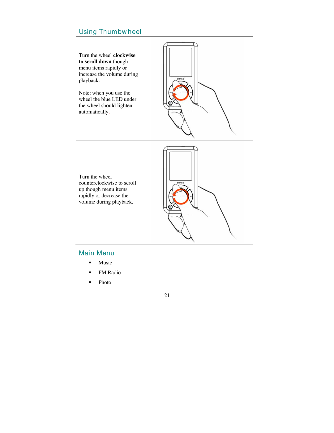 SanDisk Sansa e200 manual Using Thumbwheel, Main Menu 