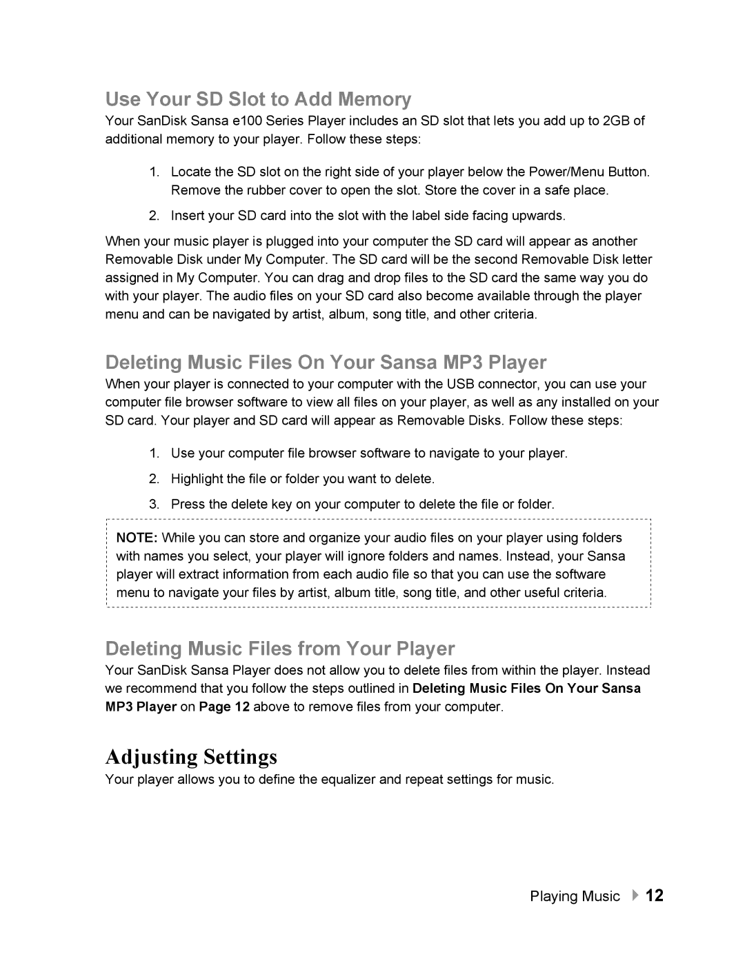 SanDisk Adjusting Settings, Deleting Music Files On Your Sansa MP3 Player, Deleting Music Files from Your Player 