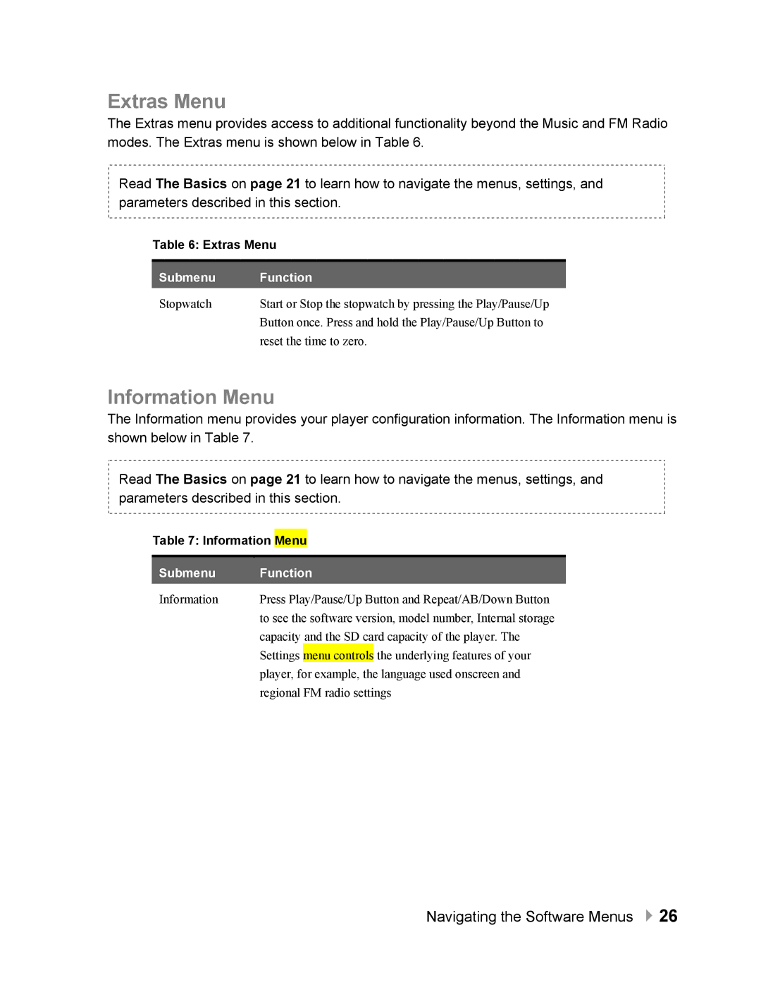 SanDisk Sansa quick start Extras Menu, Information Menu 