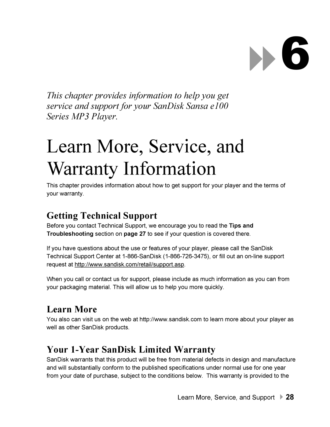 SanDisk Sansa quick start Learn More, Service, Warranty Information, Getting Technical Support 