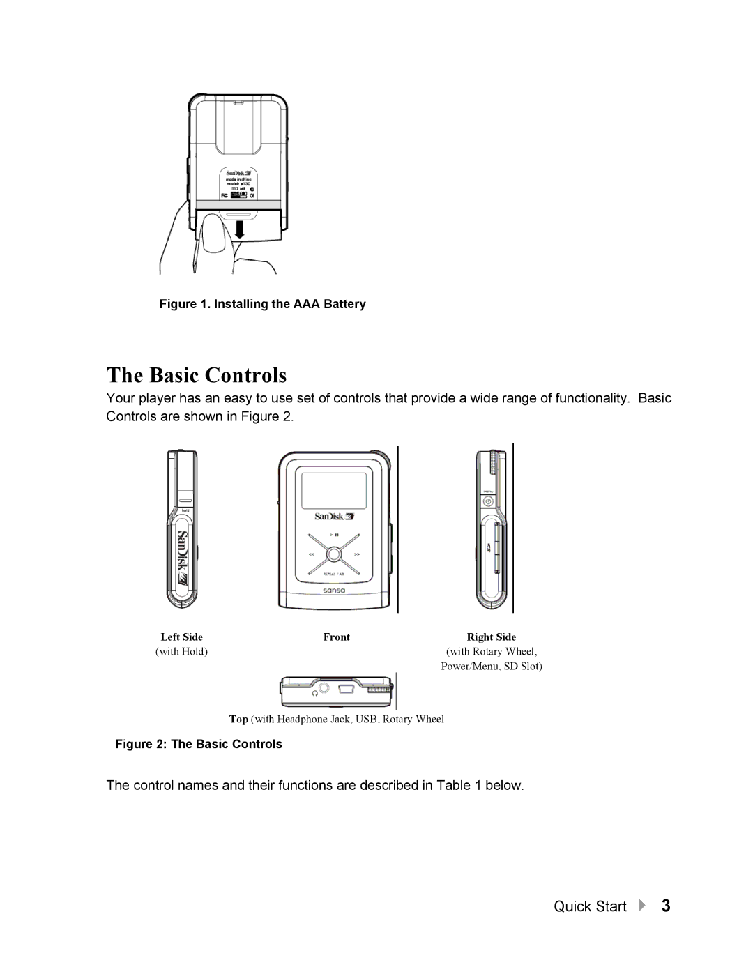 SanDisk Sansa quick start Basic Controls, Installing the AAA Battery 