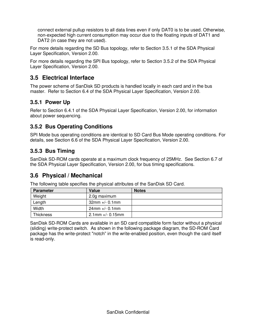 SanDisk SD064, SD-ROM, SD128 Electrical Interface, Physical / Mechanical, Power Up, Bus Operating Conditions, Bus Timing 