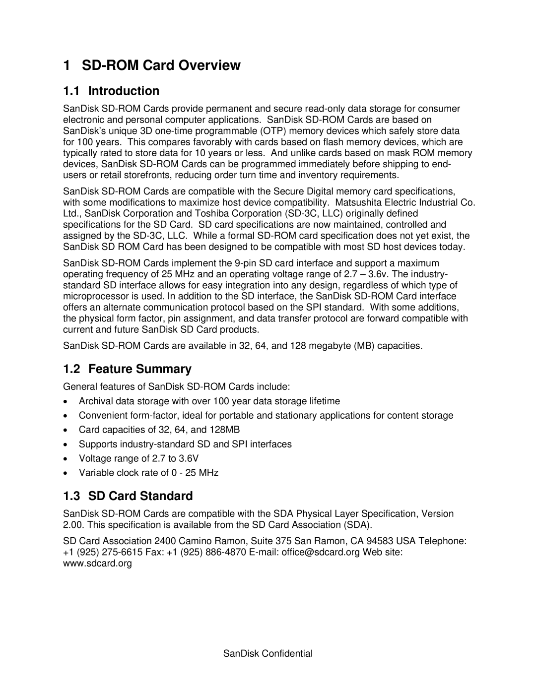 SanDisk SD032, SD128, SD064 manual SD-ROM Card Overview, Introduction, Feature Summary, SD Card Standard 