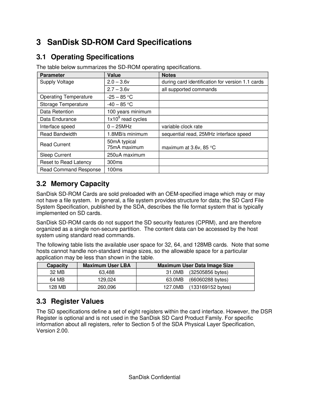 SanDisk SD064, SD128, SD032 SanDisk SD-ROM Card Specifications, Operating Specifications, Memory Capacity, Register Values 