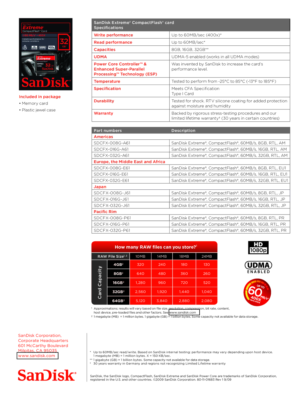 SanDisk SDCFX016GA61 Included in package, Write performance, Read performance, Capacities, Power Core Controller, Warranty 