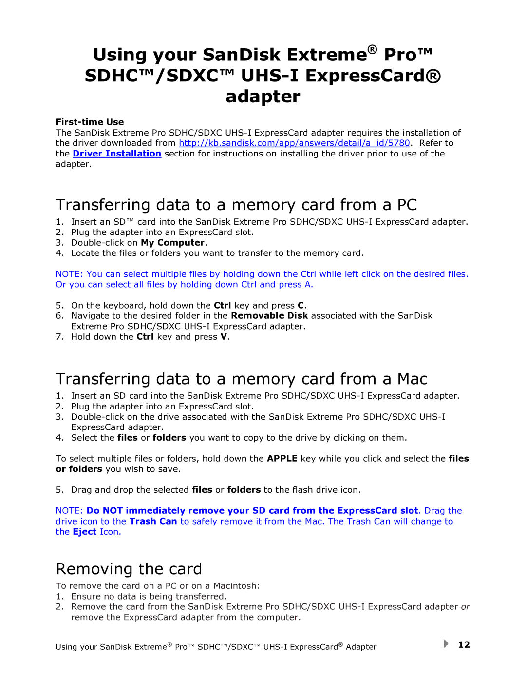 SanDisk SDDR-300 user manual Transferring data to a memory card from a PC, First-time Use 