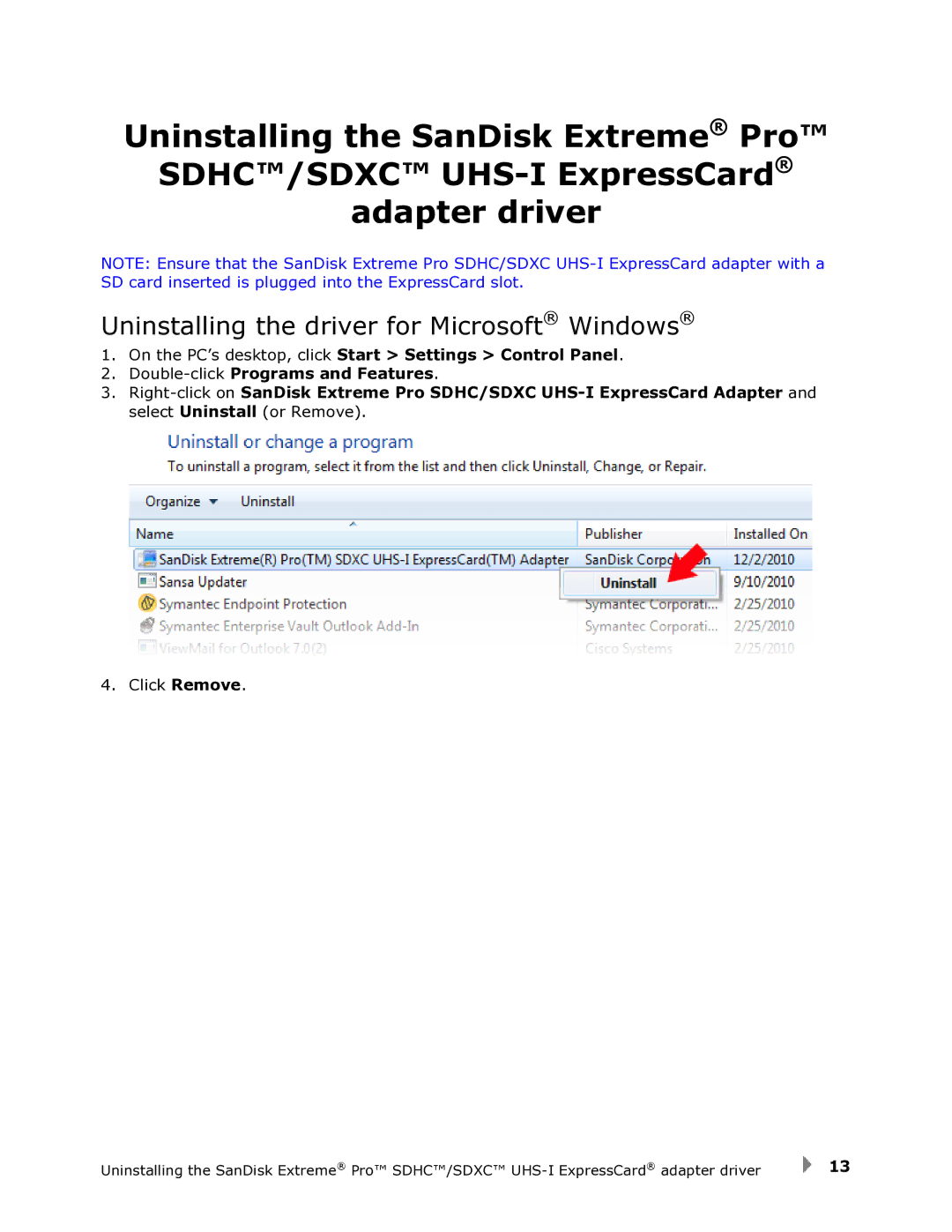 SanDisk SDDR-300 user manual Uninstalling the driver for Microsoft Windows 