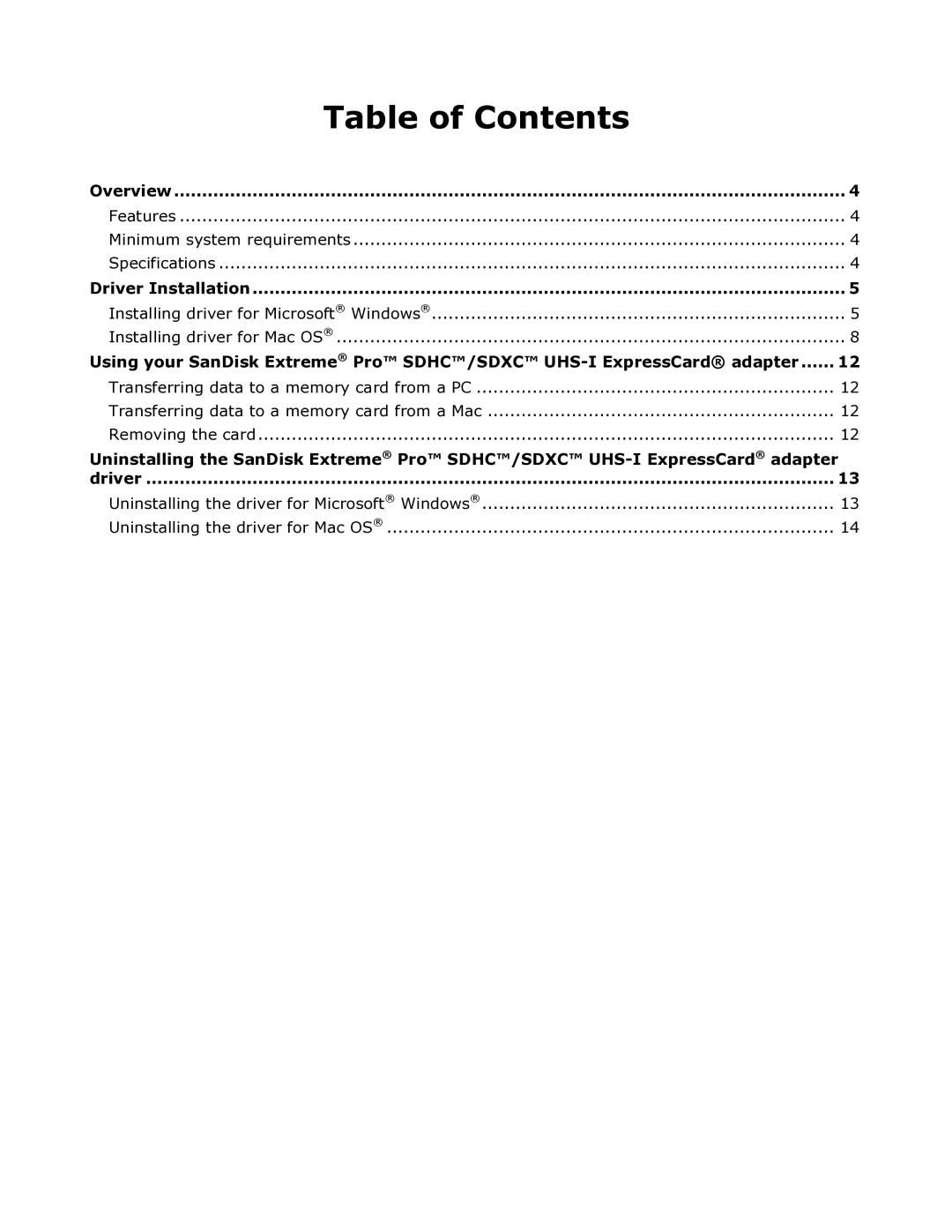 SanDisk SDDR-300 user manual Table of Contents 