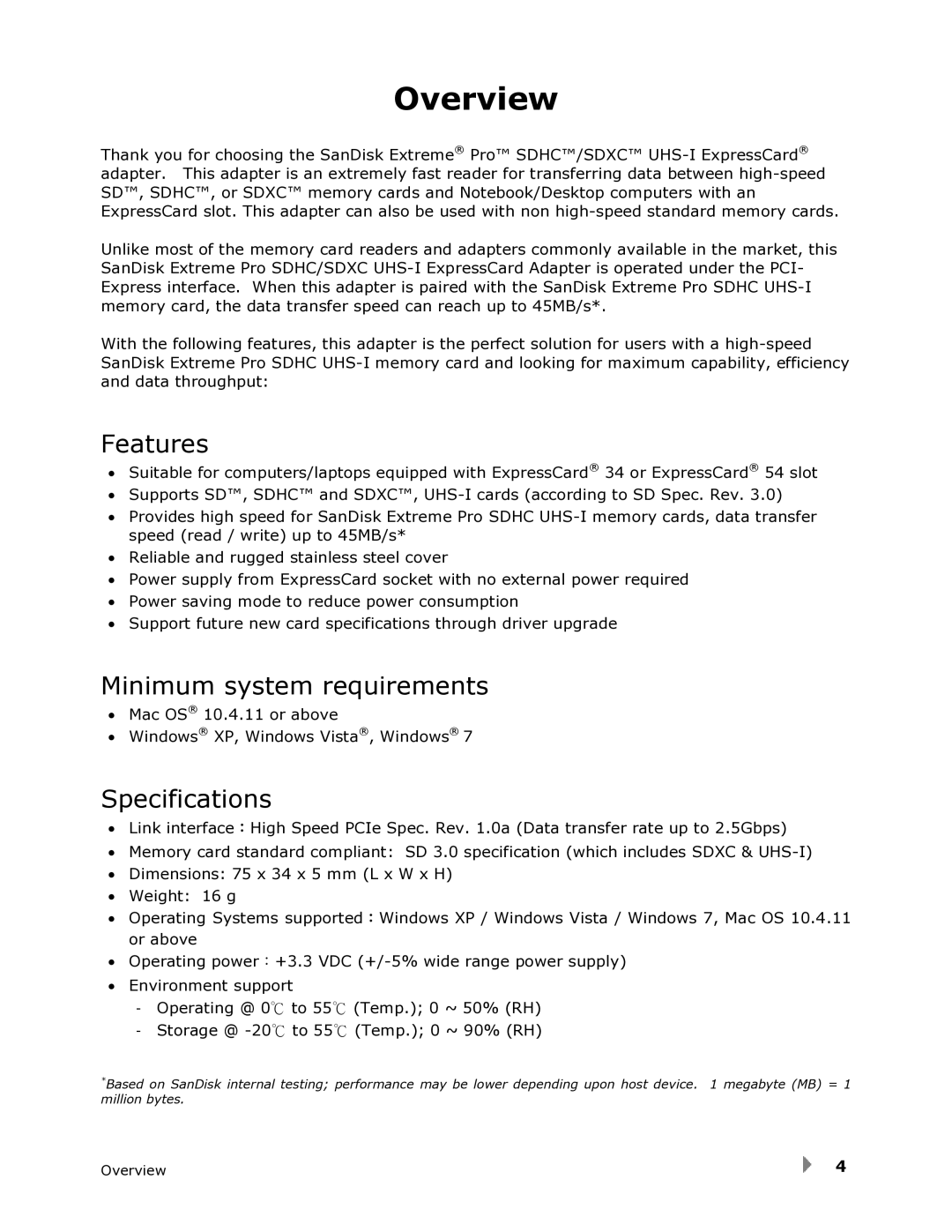 SanDisk SDDR-300 user manual Overview, Features, Minimum system requirements, Specifications 