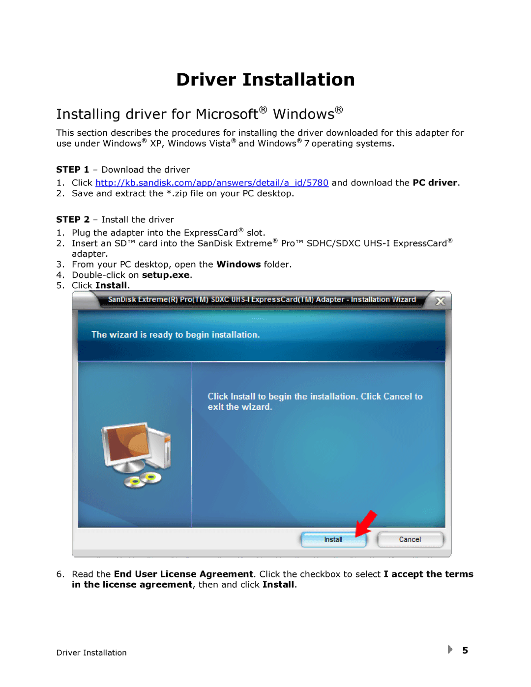 SanDisk SDDR-300 user manual Driver Installation, Installing driver for Microsoft Windows 