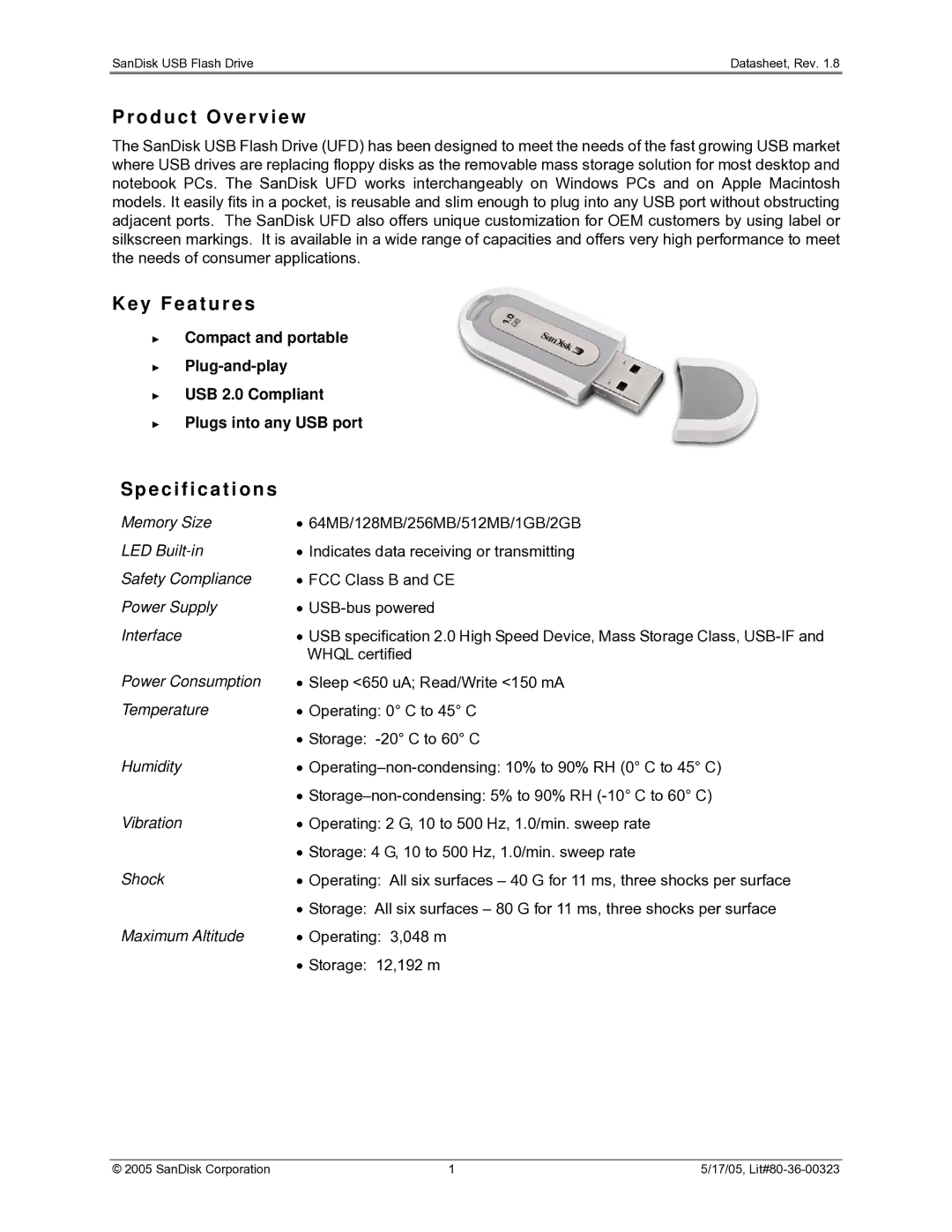 SanDisk SDUFD2AB-0128, SDUFD2AB-2048, SDUFD2AB-0256, SDUFD2AB-0064 manual Product Overview, Key Features, Specifications 