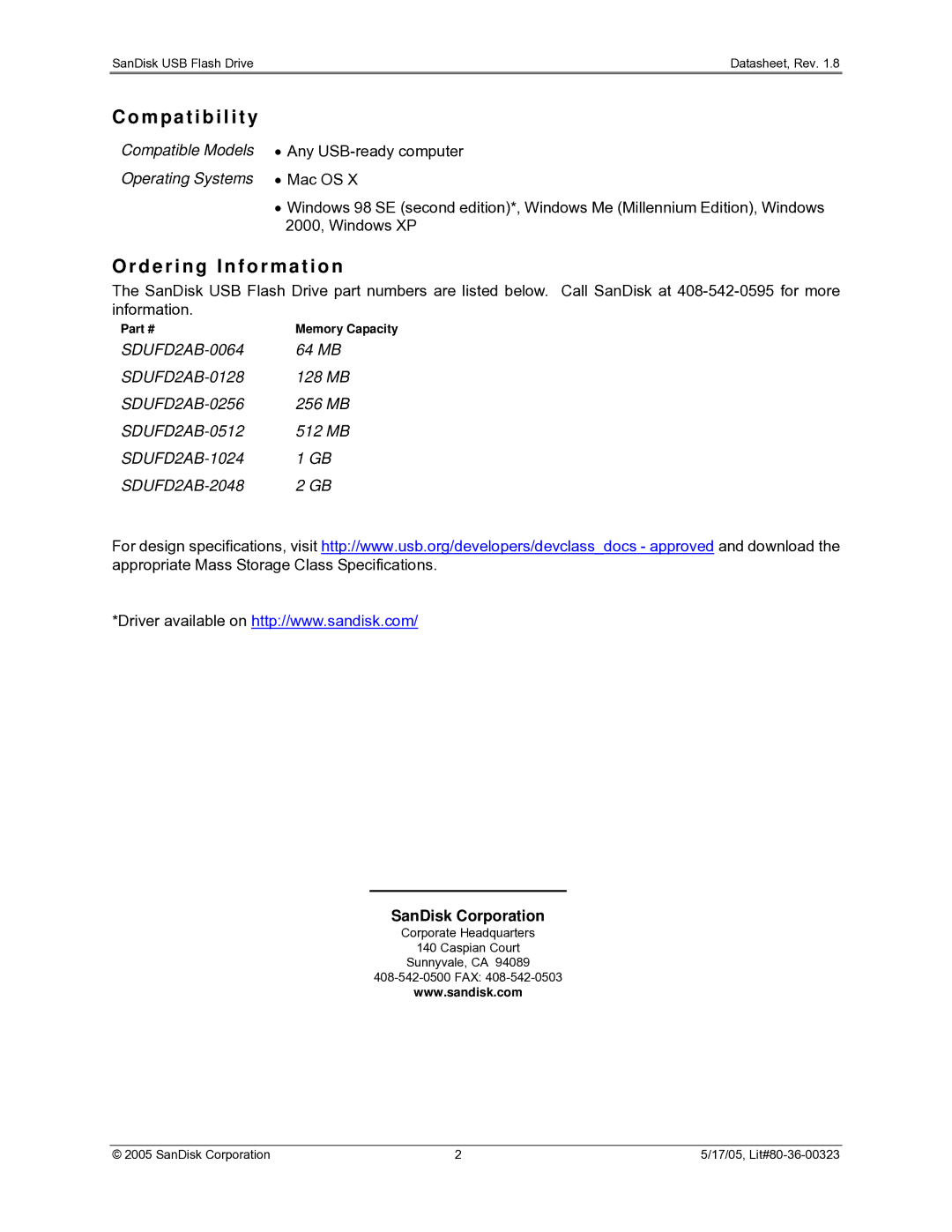 SanDisk SDUFD2AB-0064, SDUFD2AB-2048, SDUFD2AB-0256, SDUFD2AB-0128 Compatibility, Ordering Information, SanDisk Corporation 