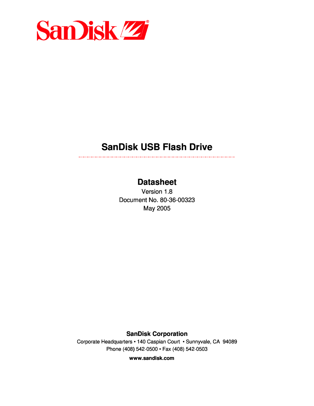 SanDisk SDUFD2AB-0256, 80-36-00323 manual SanDisk Corporation, SanDisk USB Flash Drive, Datasheet, Version Document No May 