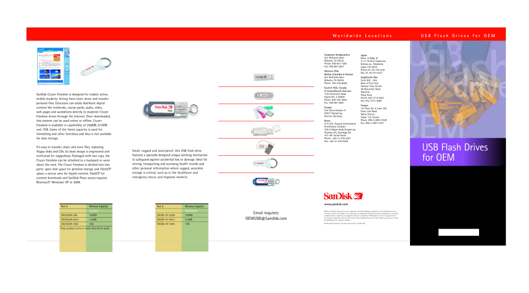 SanDisk SDUFD2AB-256, SDUFD2AA-512 manual USB Flash Drives for OEM, Email inquires OEMUSB@Sandisk.com, Freedom, Waterproof 