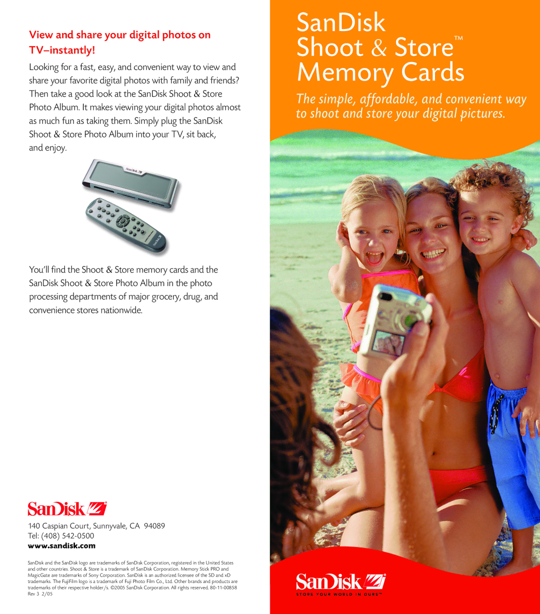 SanDisk manual SanDisk Shoot & Store Memory Cards, View and share your digital photos on TV-instantly 