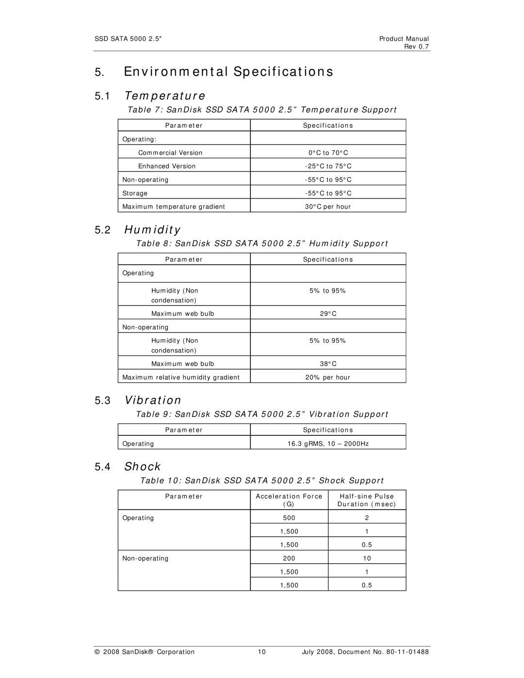 SanDisk SSD 5000 manual Environmental Specifications, Temperature, Humidity, Vibration, Shock 