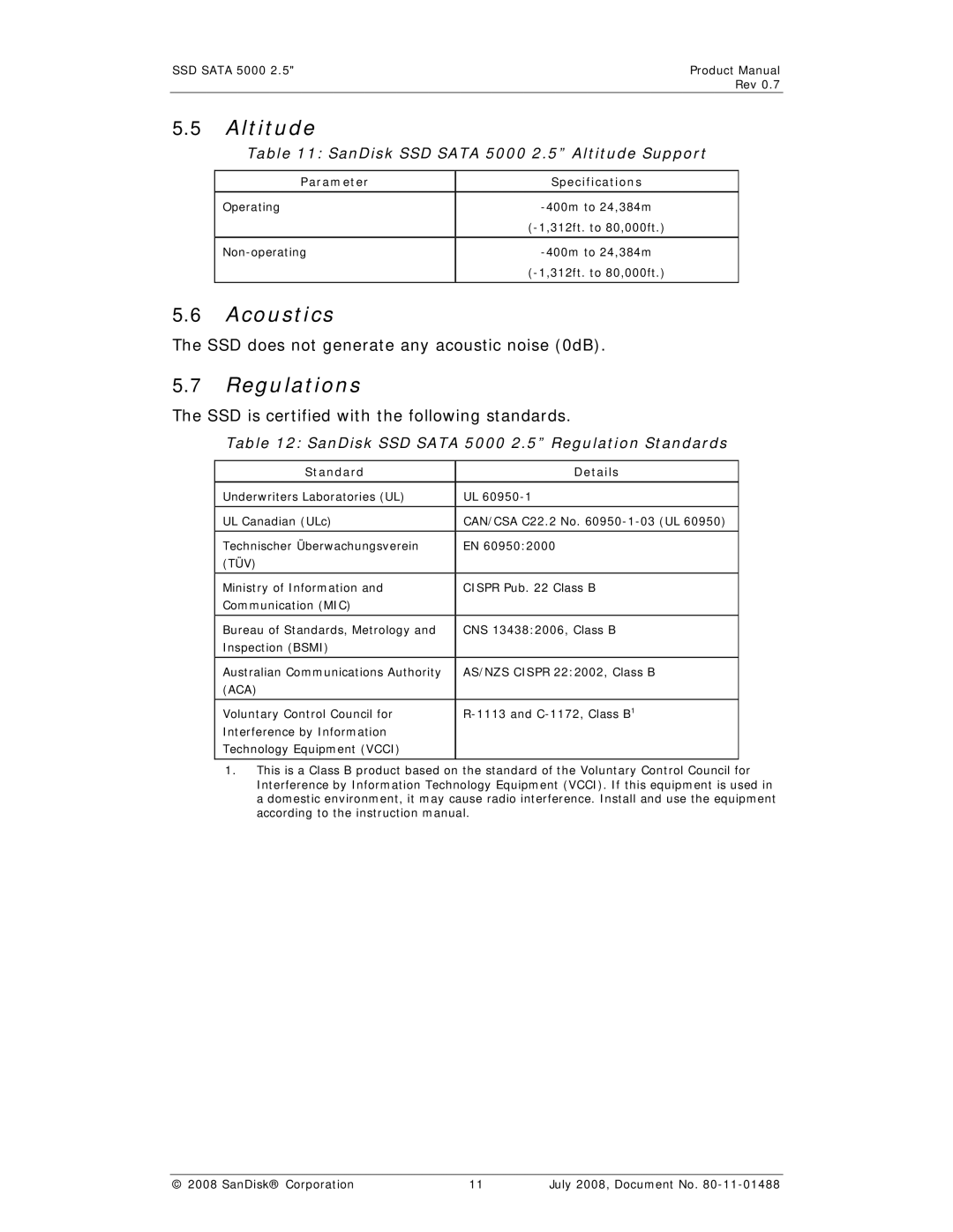 SanDisk SSD 5000 manual Altitude, Acoustics, Regulations, SSD does not generate any acoustic noise 0dB 