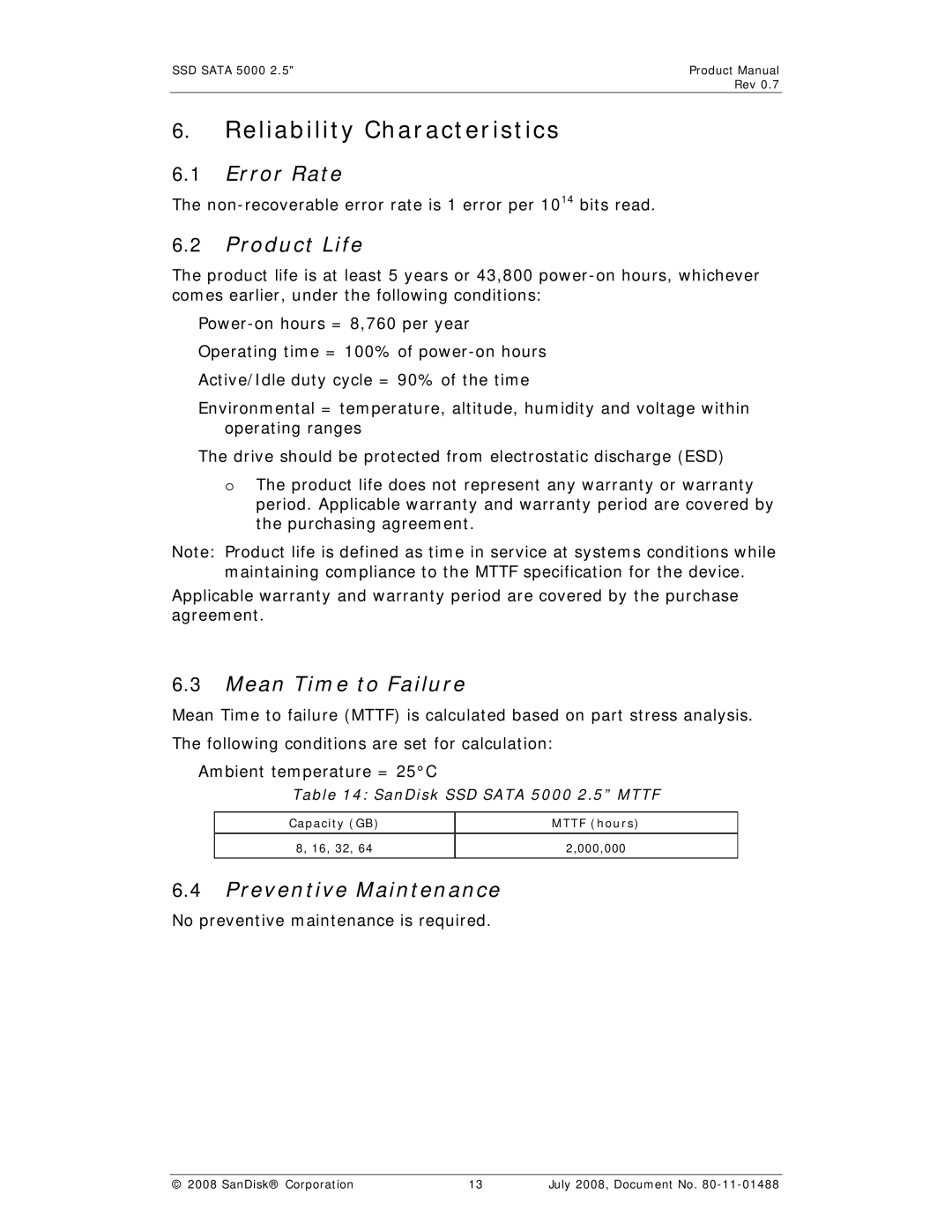 SanDisk SSD 5000 manual Reliability Characteristics, Error Rate, Product Life, Mean Time to Failure, Preventive Maintenance 
