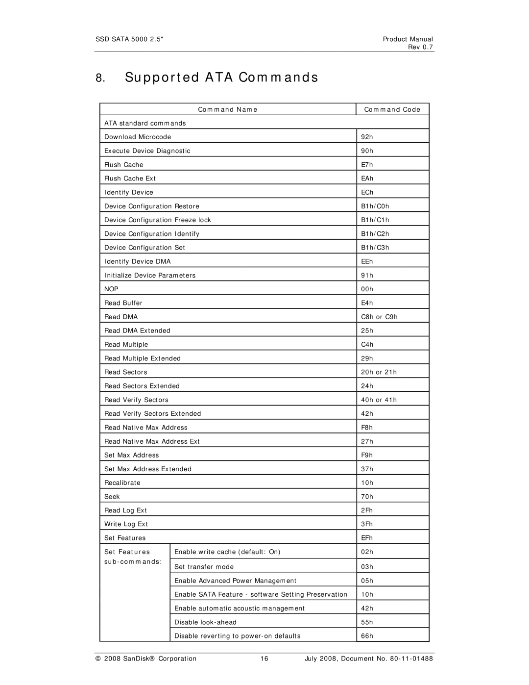 SanDisk SSD 5000 manual Supported ATA Commands, Command Name, Command Code, Set Features, Sub-commands 