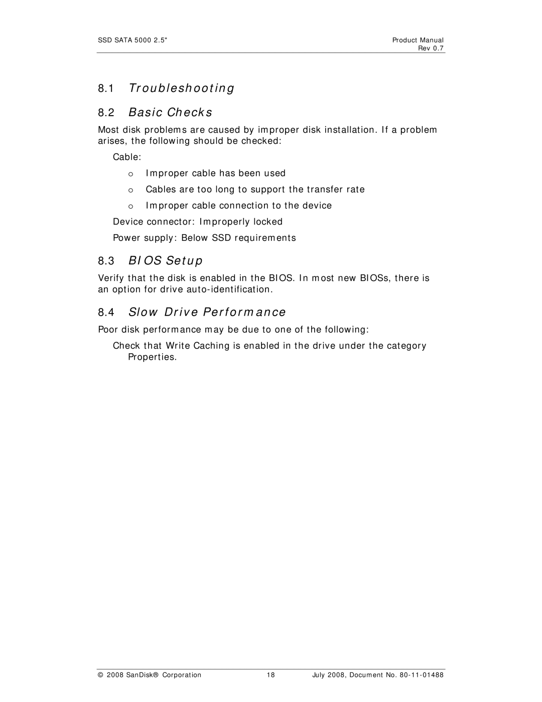 SanDisk SSD 5000 manual Troubleshooting Basic Checks, Bios Setup, Slow Drive Performance 