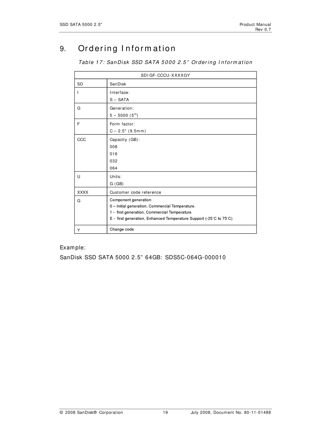 SanDisk SSD 5000 manual Ordering Information, Example SanDisk SSD Sata 5000 2.5 64GB SDS5C-064G-000010 