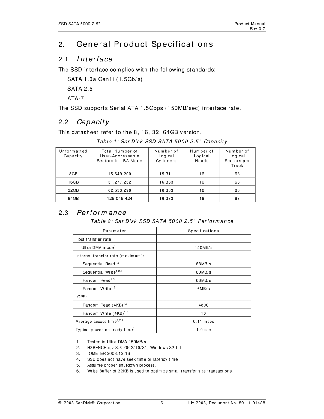 SanDisk SSD 5000 manual General Product Specifications, Interface, Capacity, Performance 