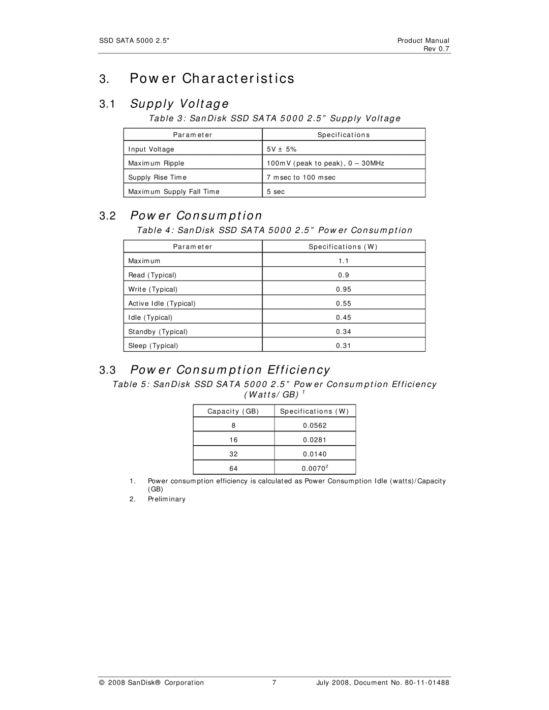 SanDisk SSD 5000 manual Power Characteristics, Supply Voltage, Power Consumption Efficiency 