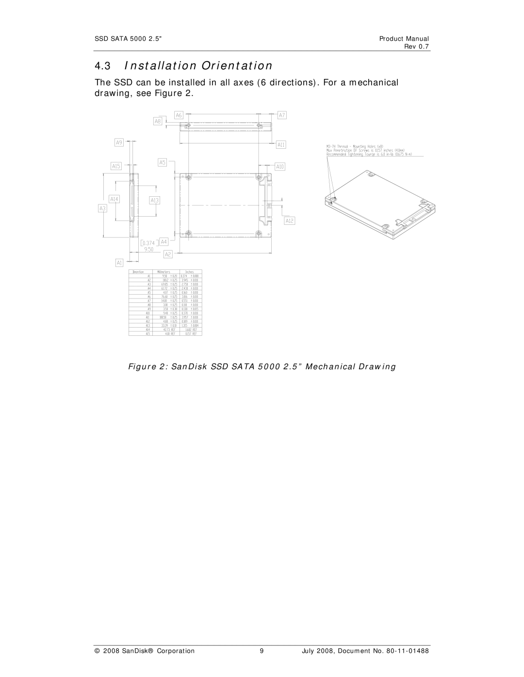 SanDisk SSD 5000 manual Installation Orientation, SanDisk SSD Sata 5000 2.5 Mechanical Drawing 