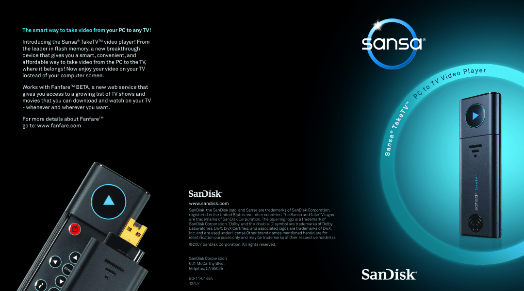 SanDisk TakeTV manual Smart way to take video from your PC to any TV 