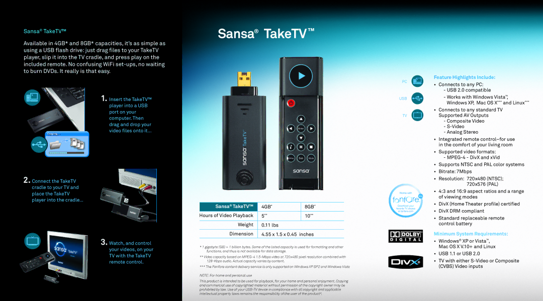 SanDisk manual Sansa TakeTV, Feature Highlights Include, Minimum System Requirements 