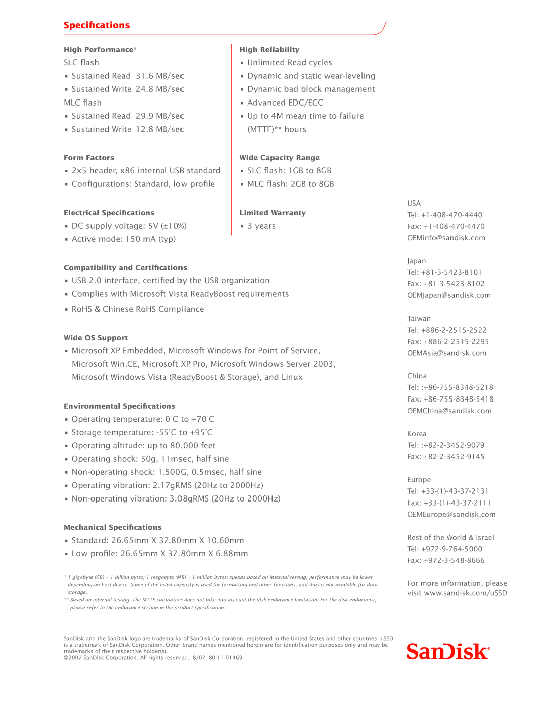 SanDisk uSSD 5000 manual Specifications 