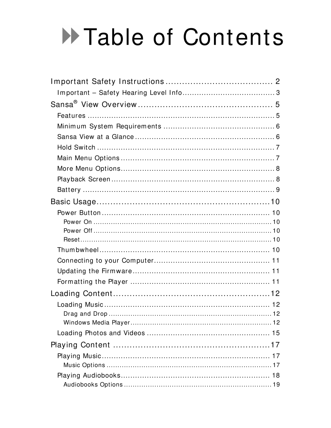 SanDisk VIEW-7UM-ENG user manual Table of Contents 