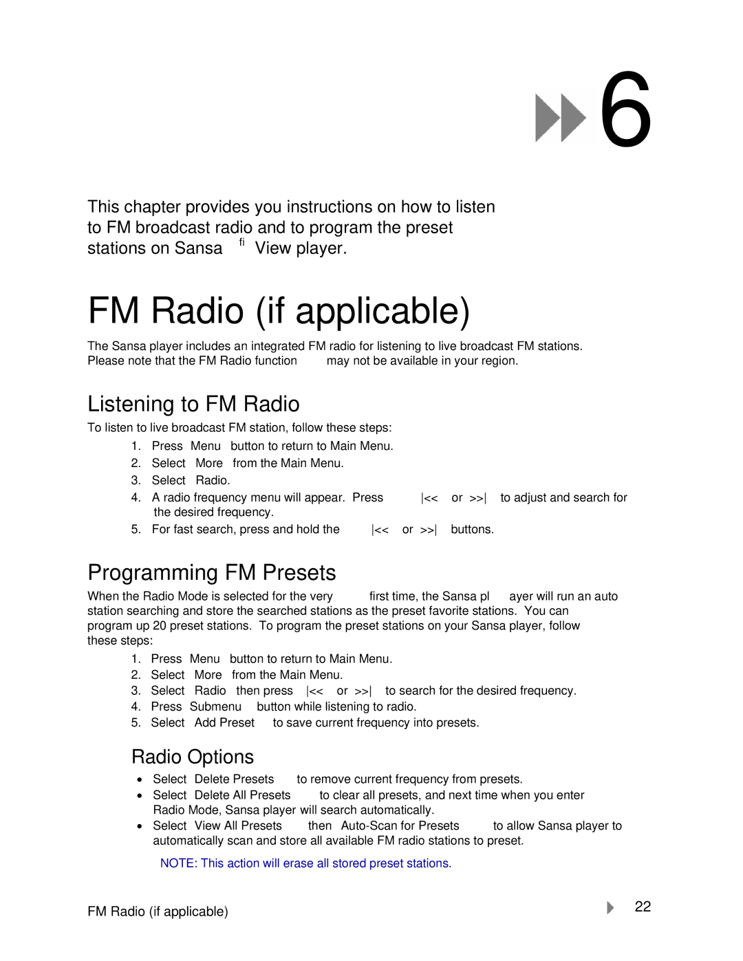 SanDisk VIEW-7UM-ENG user manual FM Radio if applicable, Listening to FM Radio, Programming FM Presets, Radio Options 