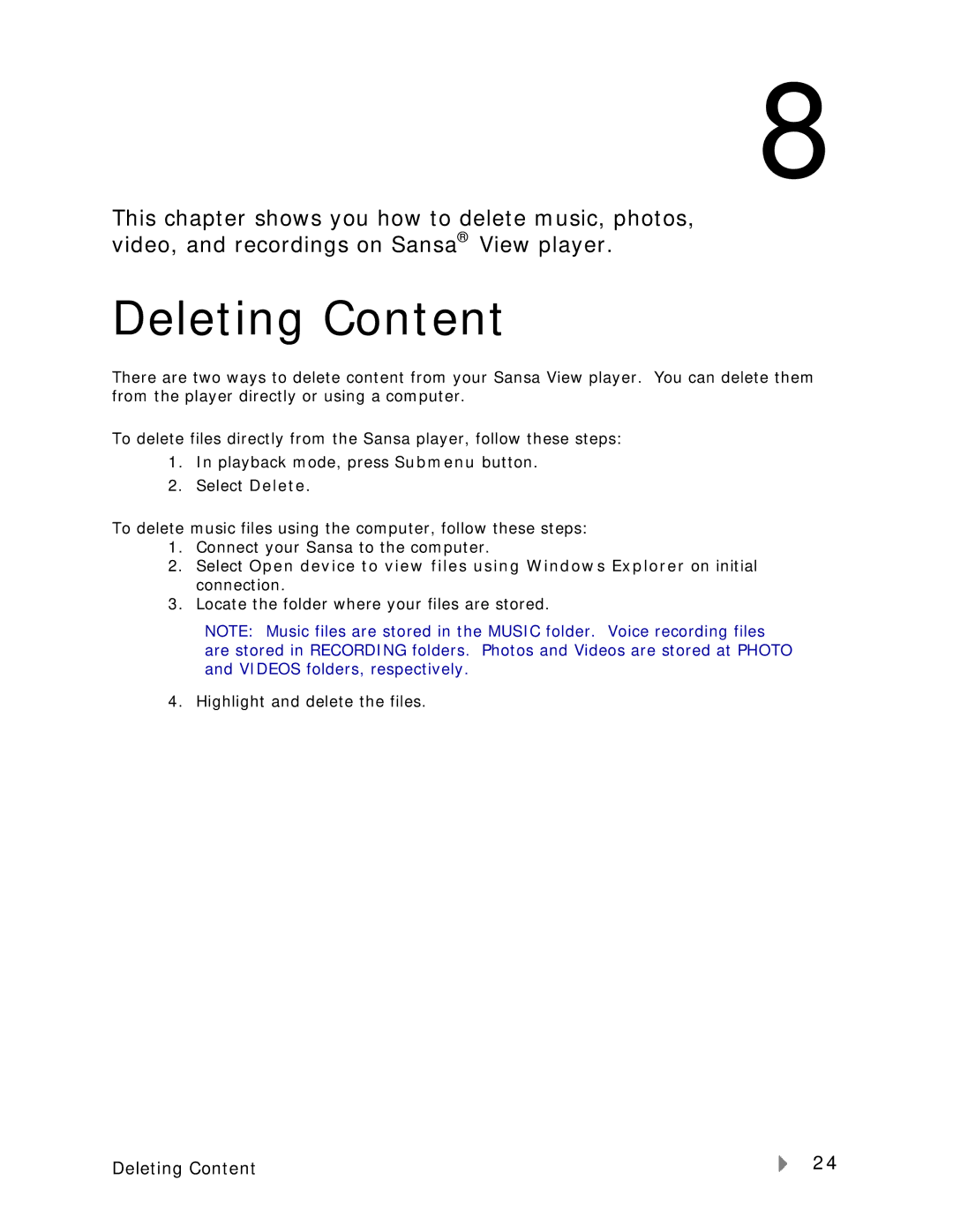 SanDisk VIEW-7UM-ENG user manual Deleting Content 