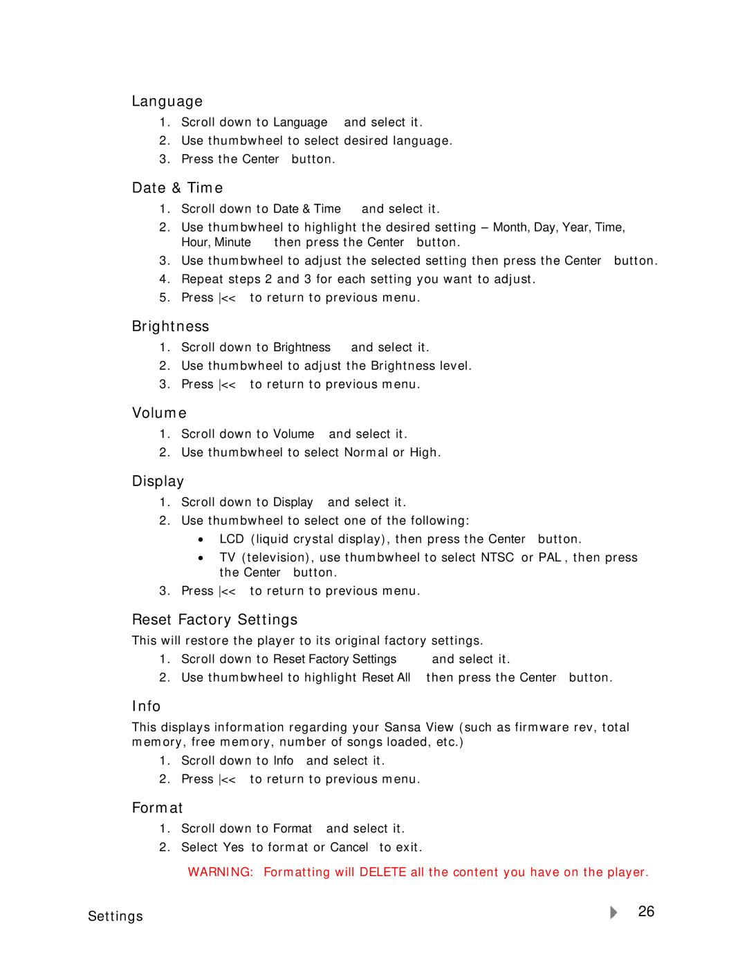 SanDisk VIEW-7UM-ENG user manual Language, Date & Time, Brightness, Volume, Display, Reset Factory Settings, Info, Format 