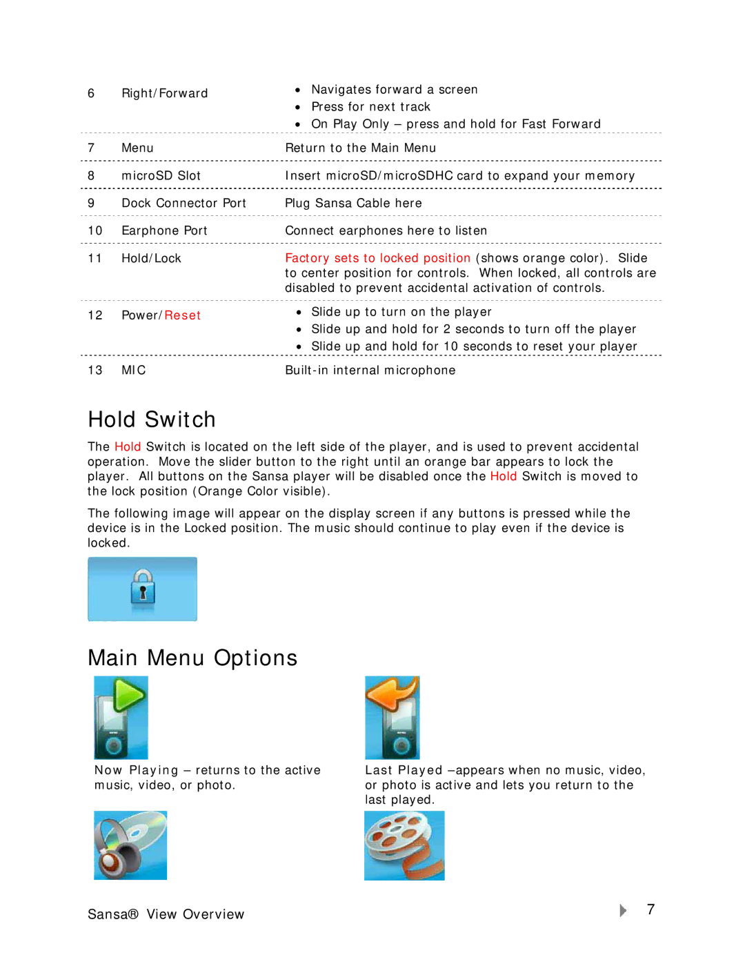 SanDisk VIEW-7UM-ENG user manual Hold Switch, Main Menu Options 