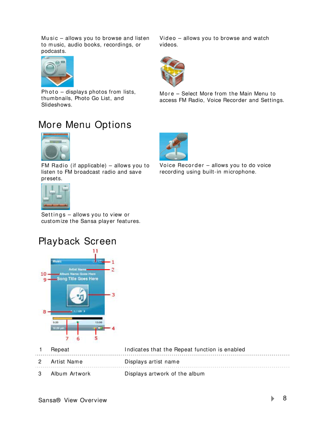 SanDisk VIEW-7UM-ENG user manual More Menu Options, Playback Screen 