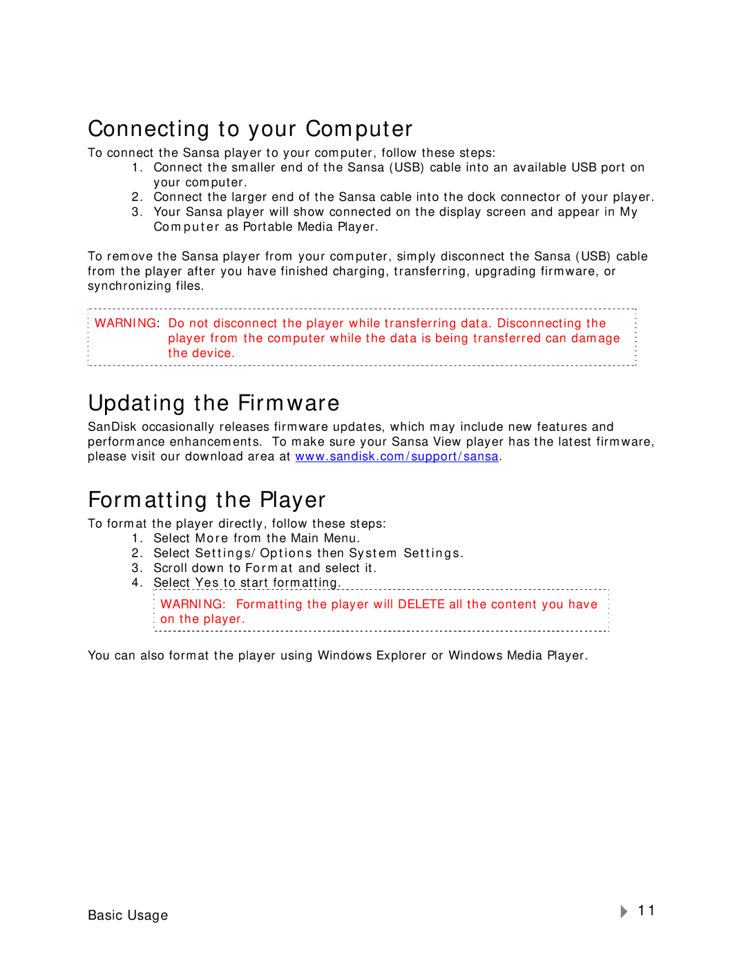 SanDisk VIEW-7UM-ENG user manual Connecting to your Computer, Updating the Firmware Formatting the Player 