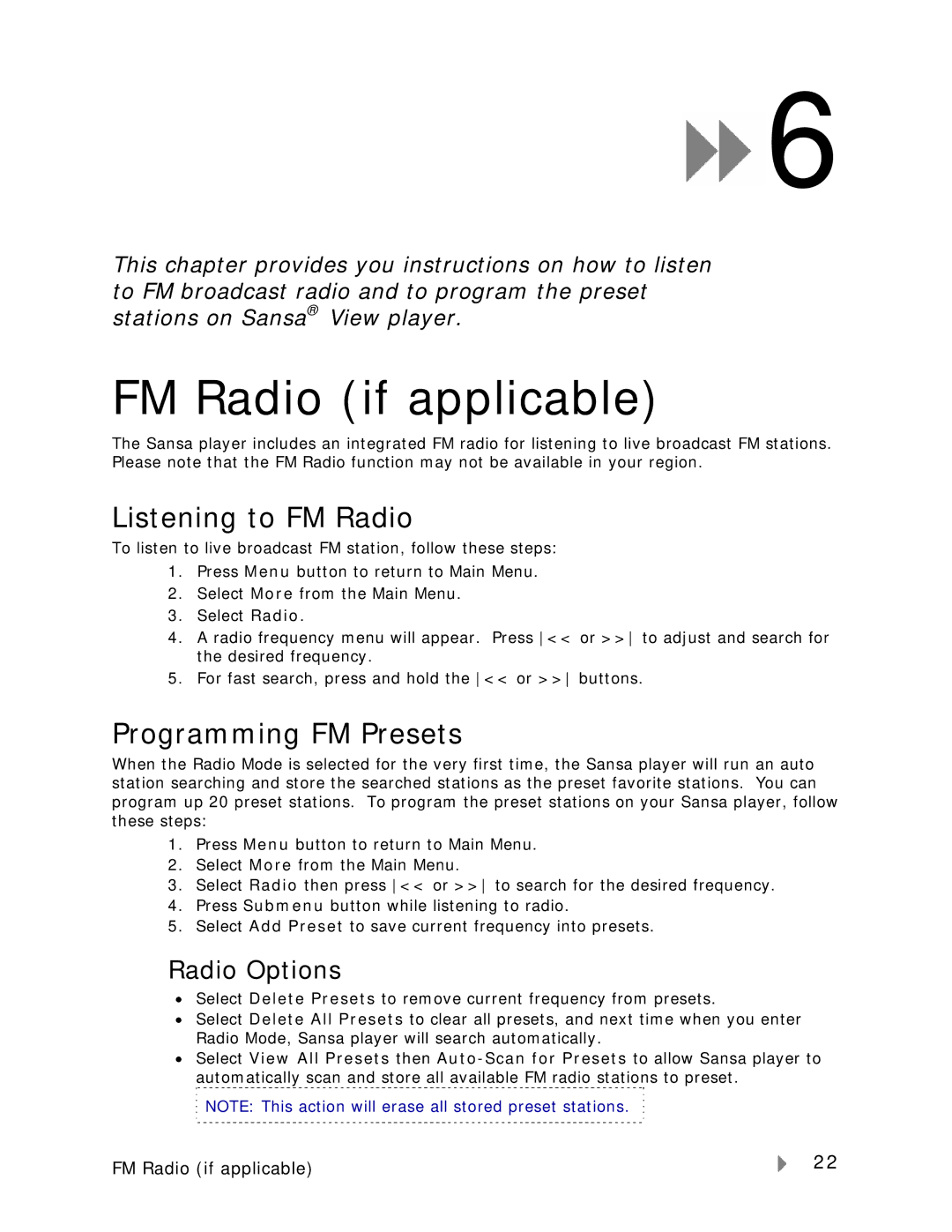 SanDisk VIEW-7UM-ENG user manual FM Radio if applicable, Listening to FM Radio, Programming FM Presets, Radio Options 