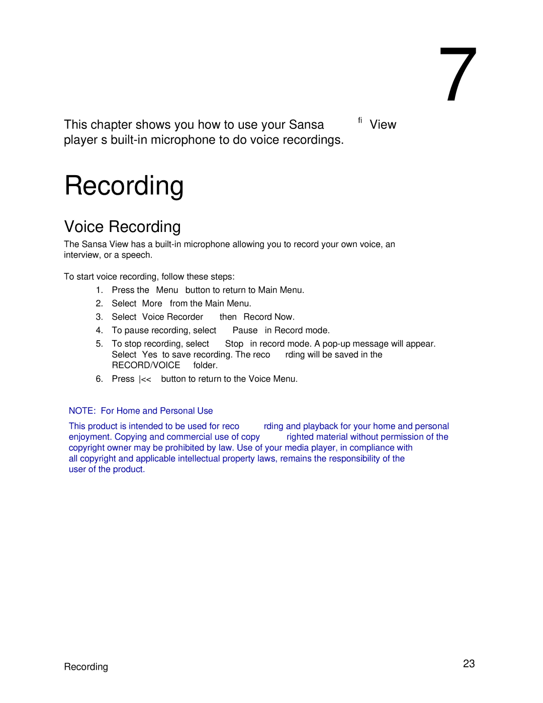 SanDisk VIEW-7UM-ENG user manual Voice Recording, Select Voice Recorder then Record Now 