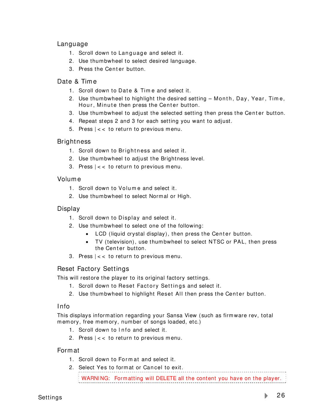 SanDisk VIEW-7UM-ENG user manual Language, Date & Time, Brightness, Volume, Display, Reset Factory Settings, Info, Format 