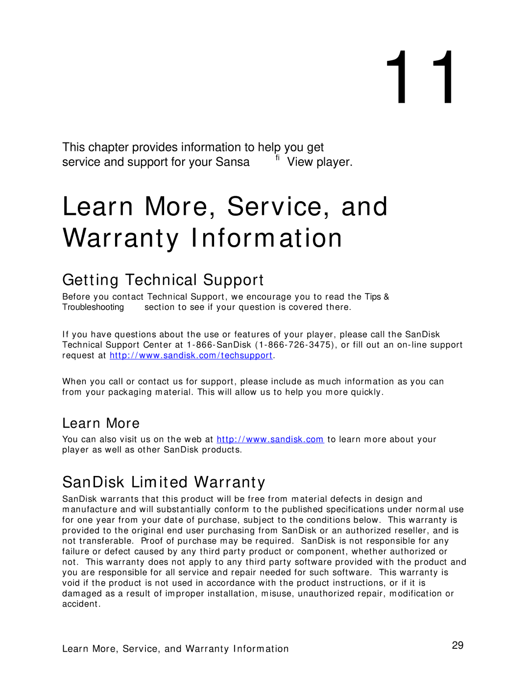 SanDisk VIEW-7UM-ENG Learn More, Service, and Warranty Information, Getting Technical Support, SanDisk Limited Warranty 